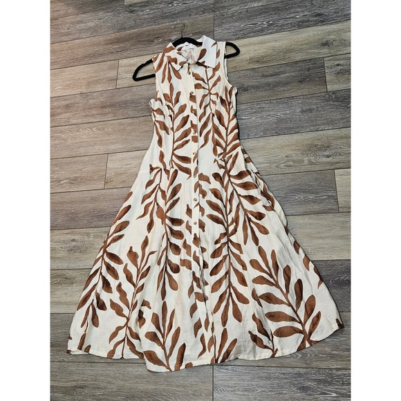 Kariella Dresses & Skirts - Kariella Women Small Brown Cream Leaf Print Sleeveless Button Front Midi Dress